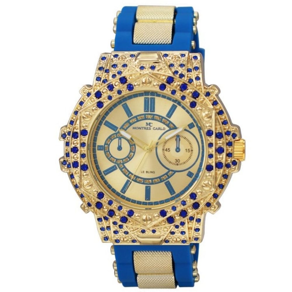 53mm Montres Carlo Men's Hip Hop Rapper Stones Blue Gold Clubbing Luxury Watch